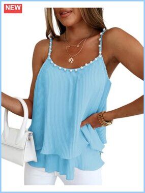 Womens Chiffon Tank Top Double Layer Flowy Blouse Pearl Beaded Cami
